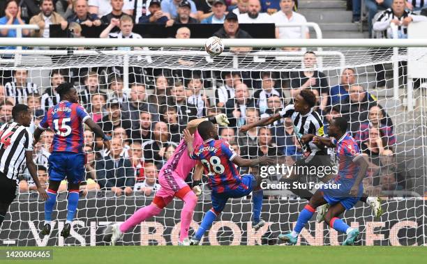 Newcastle player Joe Willock is challenged by Tyrick Mitchell and Vicente Guaita is beaten but the goal is disallowed after a VAR review during the...