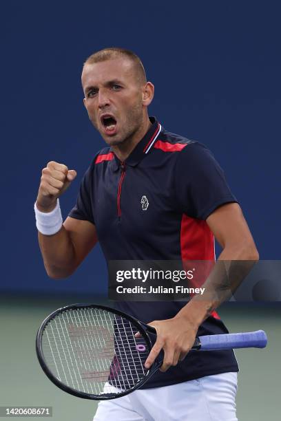 Daniel Evans of Great Britain reacts to a point against Marin Cilic of Croatia during their Men's Singles Third Round match on Day Six of the 2022 US...