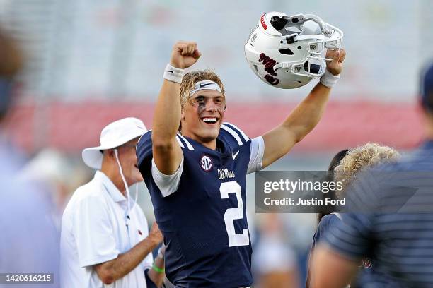Jaxson Dart of the Mississippi Rebels reacts after the game against the Troy Trojans at Vaught-Hemingway Stadium on September 03, 2022 in Oxford,...