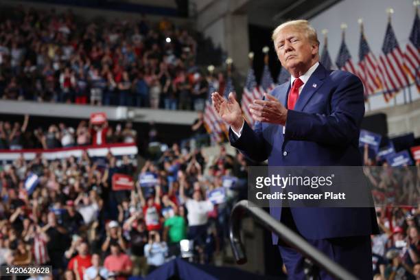 Former president Donald Trump speaks to supporters at a rally to support local candidates on September 03, 2022 in Wilkes-Barre, Pennsylvania. Trump...