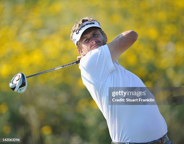 David Lynn of England plays a shot during the first round of the Sicilian Open at Verdura Golf and Spa Resort on March 29, 2012 in Sciacca, Italy.