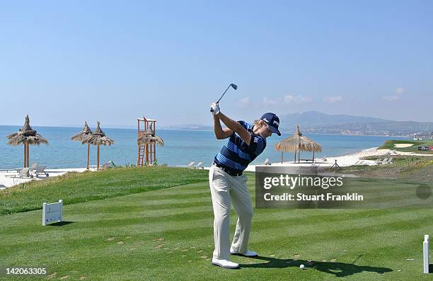 Tom Lewis of England plays a shot during the first round of the Sicilian Open at Verdura Golf and Spa Resort on March 29, 2012 in Sciacca, Italy.