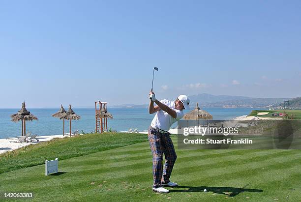 Jamie Donaldson of Wales plays a shot during the first round of the Sicilian Open at Verdura Golf and Spa Resort on March 29, 2012 in Sciacca, Italy.