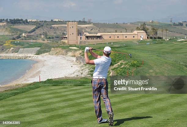 Jamie Donaldson of Wales plays a shot during the first round of the Sicilian Open at Verdura Golf and Spa Resort on March 29, 2012 in Sciacca, Italy.