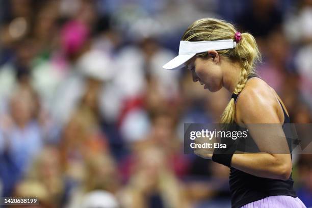 Danielle Collins of the United States reacts against Alizé Cornet of France during their Women's Singles Third Round match on Day Six of the 2022 US...