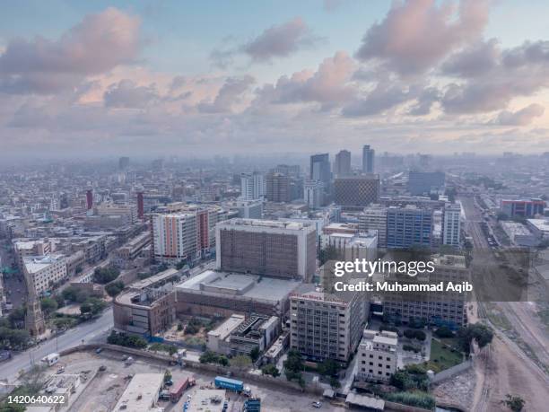 aerial photograph of famous landmarks of karachi pakistan, pakistan stock exchange - pakistan monument stock pictures, royalty-free photos & images