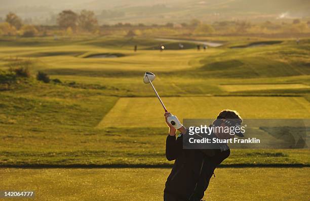 Raphael Jacquelin of France plays a shot during the first round of the Sicilian Open at Verdura Golf and Spa Resort on March 29, 2012 in Sciacca,...
