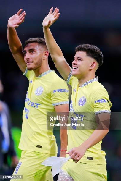 Sebastian Caceres and Richard Sanchez of America celebrate after the 12th round match between America and Tigres UANL as part of the Torneo Apertura...