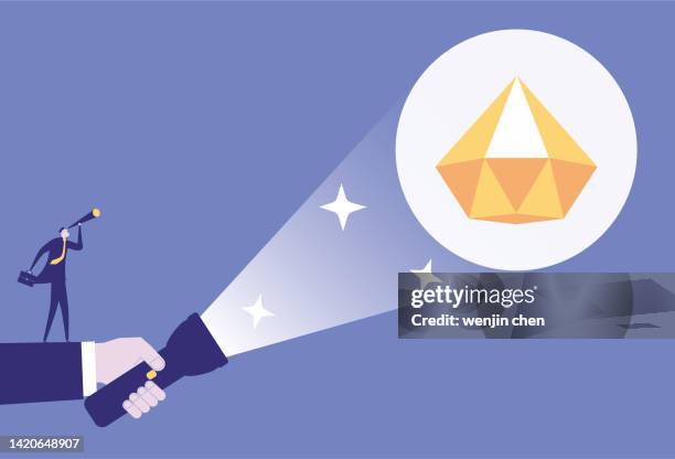 help business man look gems with a flashlight with binoculars - torch stock illustrations