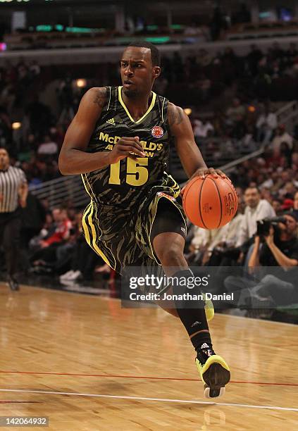 Shabazz Muhammad of the West team moves with the ball during the 2012 McDonald's All American Game at United Center on March 28, 2012 in Chicago,...