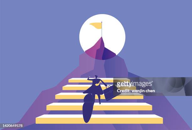 businessman running to the goal at the top of the mountain - higher return stock illustrations