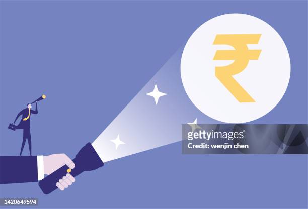 stockillustraties, clipart, cartoons en iconen met business man looking at indian rupee with a flashlight with binoculars - indian economy business and finance