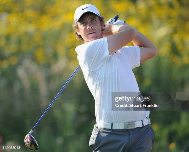 Tommy Fleetwood of England plays a shot during the first round of the Sicilian Open at Verdura Golf and Spa Resort on March 29, 2012 in Sciacca,...