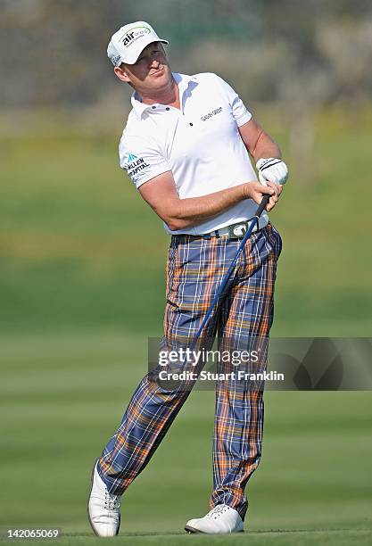 Jamie Donaldson of Wales plays a shot during the first round of the Sicilian Open at Verdura Golf and Spa Resort on March 29, 2012 in Sciacca, Italy.