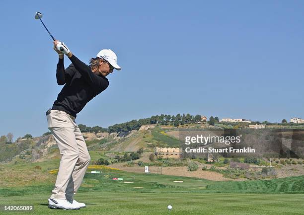 Alex Haindl of South Africa plays a shot during the first round of the Sicilian Open at Verdura Golf and Spa Resort on March 29, 2012 in Sciacca,...