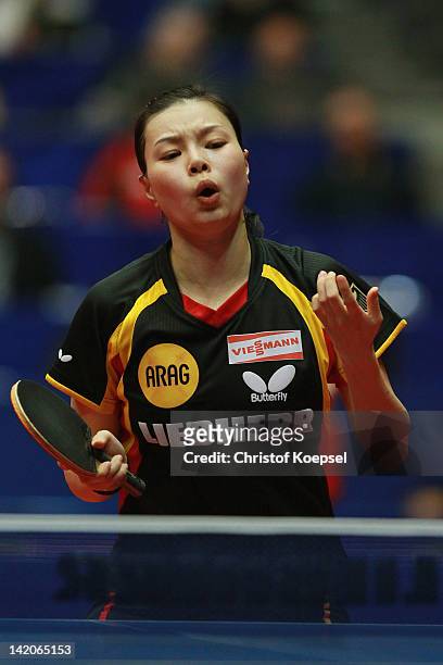 Wu Jiaduo of Germany looks thoughtful during her match against Kim Hye Song of North Korea during the LIEBHERR table tennis team world cup 2012...