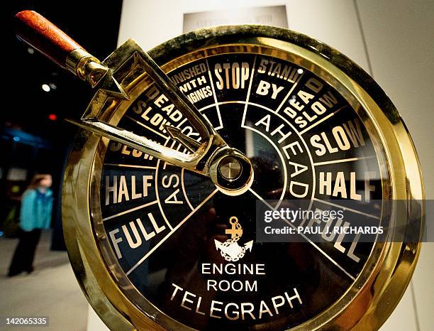 The engine room telegraph is seen at National Geographic's "Titanic: 100 Year Obsession", on the first day it is opened to the public March 29 in...