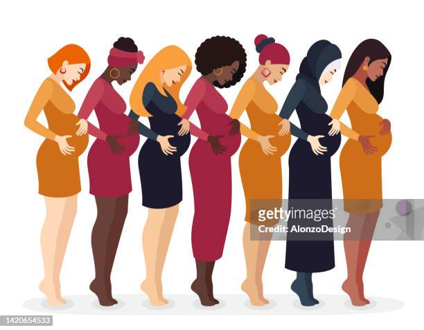 pregnant women group of different ethnicity. - 妊娠 幅插畫檔、美工圖案、卡通及圖標