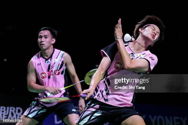 Dechapol Puavaranukroh and Sapsiree Taerattanachai of Thailand compete in the Mixed Double Final match against Yuta Watanabe and Arisa Higashino of...