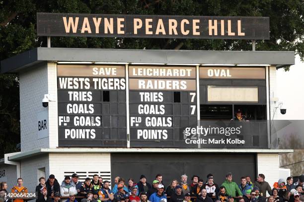 The scoreboard is seen with the halftime score of 42 - 0 displayed with the 4 upside down during the round 25 NRL match between the Wests Tigers and...