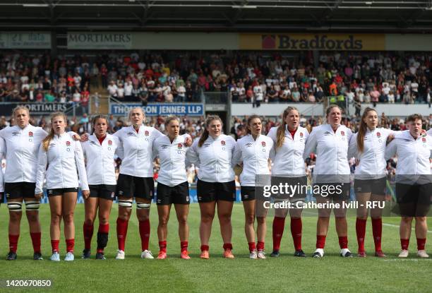 The England team sing the national anthem ahead of the Women's International rugby match between England Red Roses and United States at Sandy Park on...