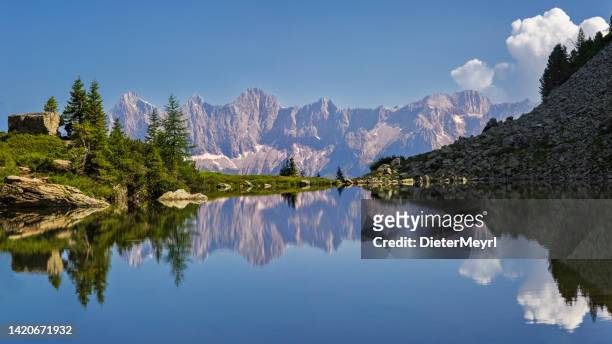 summer view of reflections in mittersee (spiegelsee) mountain lake in styria, austria - schladming stockfoto's en -beelden