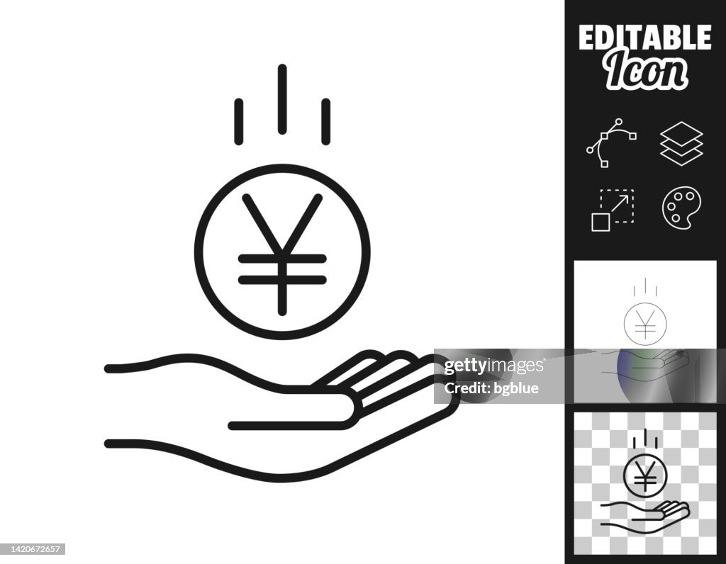 Yen coin falling in hand. Icon for design. Easily editable