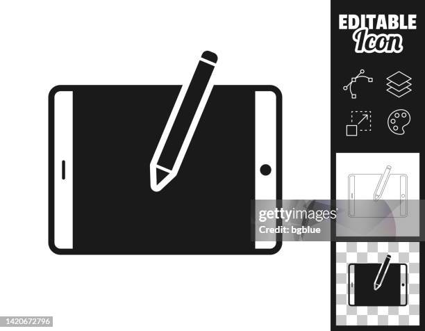 ilustraciones, imágenes clip art, dibujos animados e iconos de stock de tablet pc con lápiz - posición horizontal. icono para el diseño. fácilmente editable - bolígrafo digitalizado