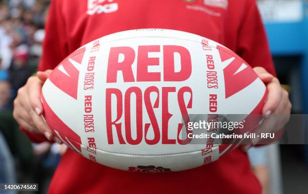 Detailed view of a Red Roses ball during the Women's International rugby match between England Red Roses and United States at Sandy Park on September...