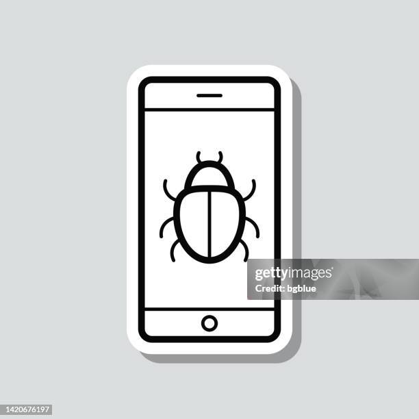 bildbanksillustrationer, clip art samt tecknat material och ikoner med smartphone with bug. icon sticker on gray background - antivirus software