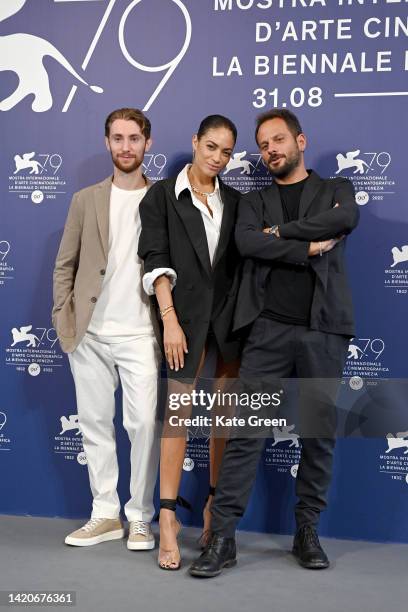 Francesco Patane, Elodie and director Pippo Mezzapesa attend the photocall for "Ti Mangio Il Cuore" at the 79th Venice International Film Festival on...