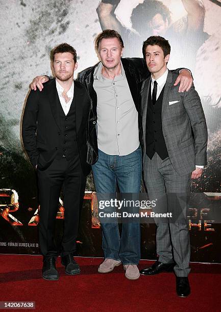 Actors Sam Worthington, Liam Neeson and Toby Kebbell arrive at the European Premiere of 'Wrath Of The Titans' at BFI Imax on March 29, 2012 in...