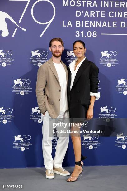 Francesco Patane and Elodie attend the photocall for "Ti Mangio Il Cuore" at the 79th Venice International Film Festival on September 04, 2022 in...