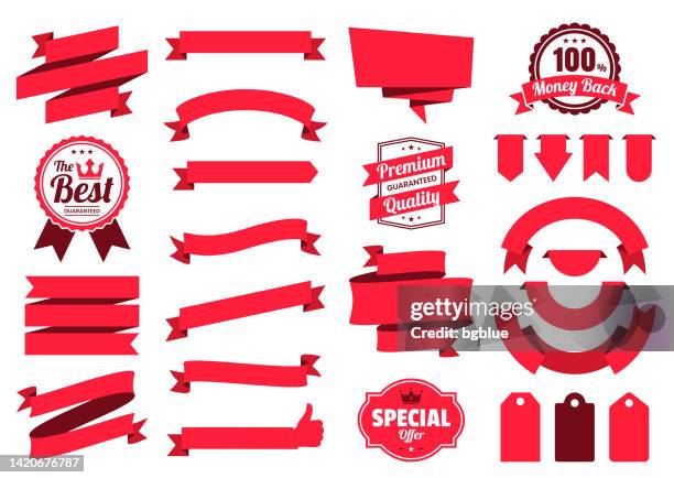 illustrazioni stock, clip art, cartoni animati e icone di tendenza di set di nastri rossi, striscioni, badge, etichette - elementi di progettazione su sfondo bianco - coccarda