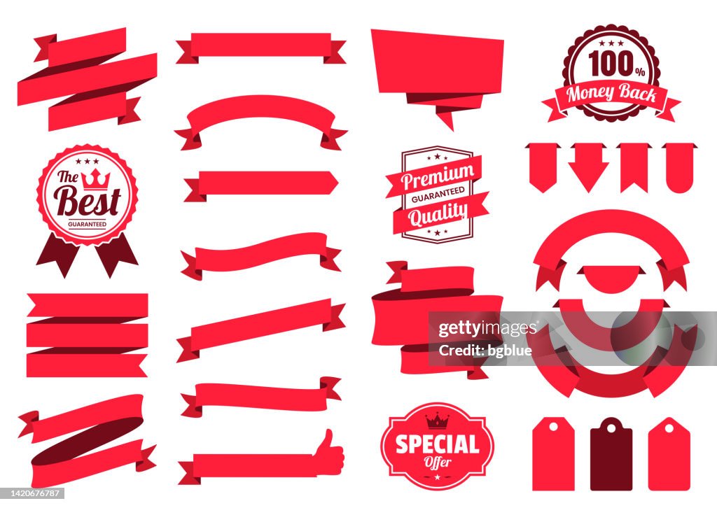 Conjunto de Fitas Vermelhas, Banners, crachás, Rótulos - Elementos de Design no fundo branco