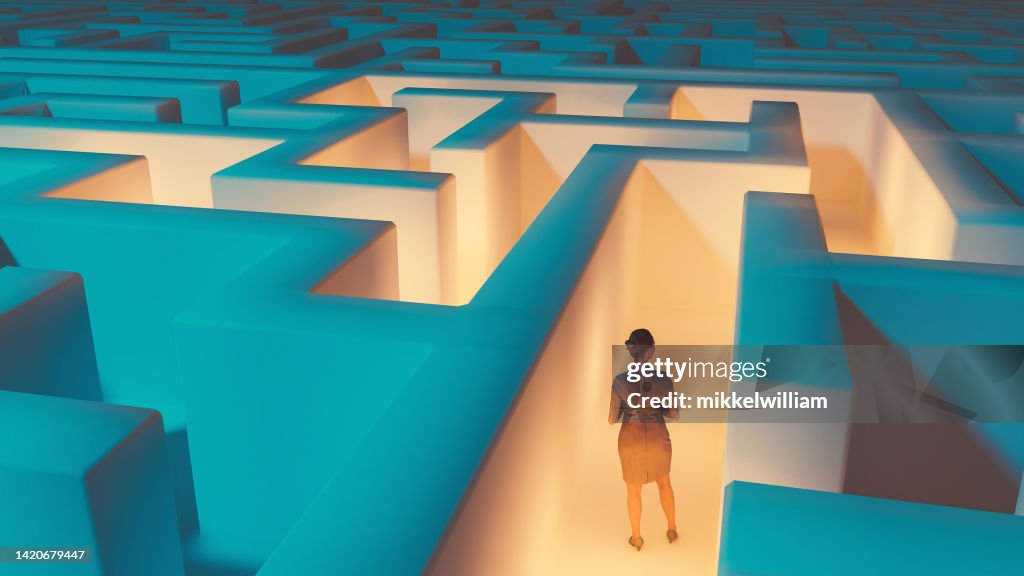 Woman looking for at way to escape maze