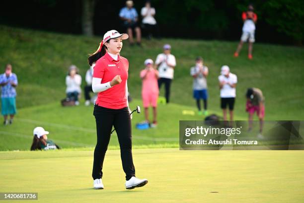 Yuting Seki of China celebrates winning the tournament on the playoff second hole on the 18th green following the final round of Golf5 Ladies at...