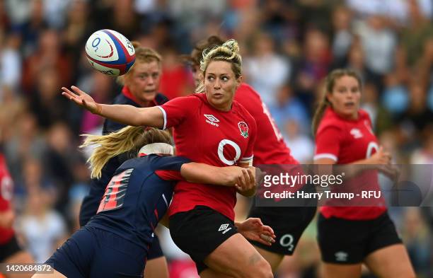 Lotte Clapp of United States tackles Natasha Hunt of England during the Women's International rugby match between England Red Roses and United States...