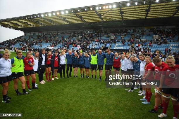 Players and Staff of England huddle following the Women's International match between England Red Roses and USA at Sandy Park on September 03, 2022...