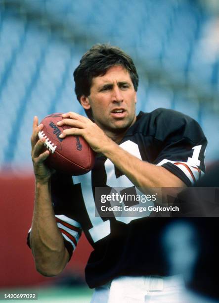 Quarterback Gary Danielson of the Cleveland Browns passes on the sideline before a preseason game against the Buffalo Bills at Rich Stadium on August...