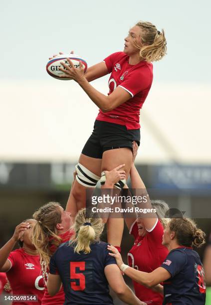 Zoe Aldcroft of England wins the lineout ball during the Women's international match between England Red Roses and USA at Sandy Park on September 03,...