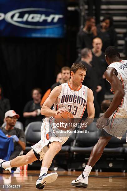 Matt Carroll of the Charlotte Bobcats handles the ball against the Philadelphia 76ers on March 19, 2012 at the Time Warner Cable Arena in Charlotte,...