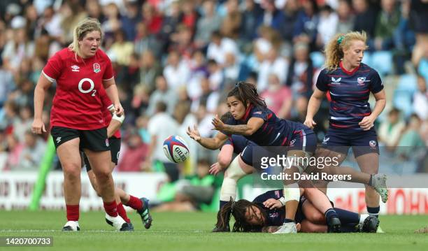 Olivia Ortiz of USA passes the ball during the Women's international match between England Red Roses and USA at Sandy Park on September 03, 2022 in...