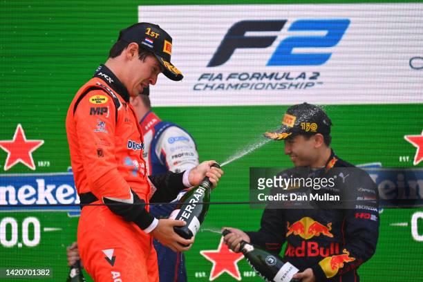 Race winner Felipe Drugovich of Brazil and MP Motorsport celebrates on the podium during the Round 12:Zandvoort Feature race of the Formula 2...