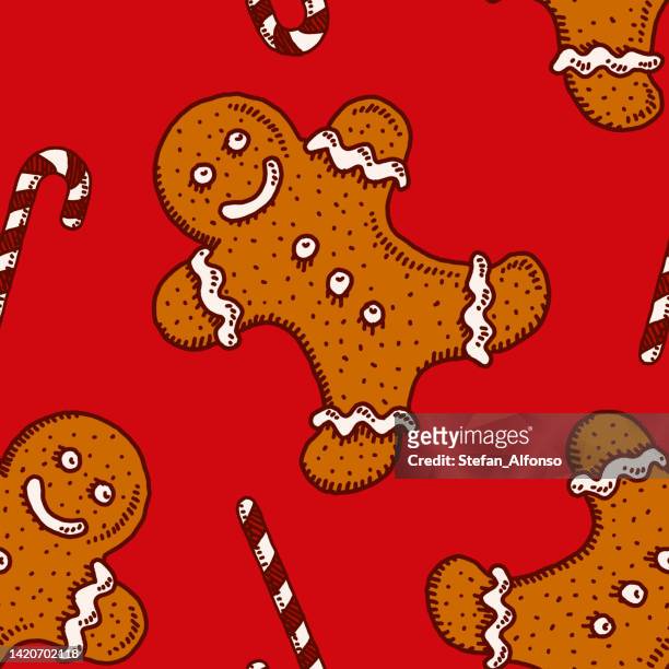 seamless christmas background pattern with gingerbread man and candy cane - gingerbread cookie stock illustrations
