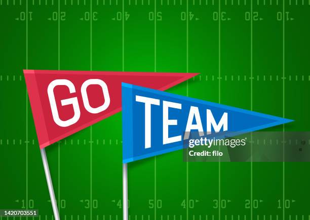 bildbanksillustrationer, clip art samt tecknat material och ikoner med go team pennant flag cheering football field background - fotbollsplan