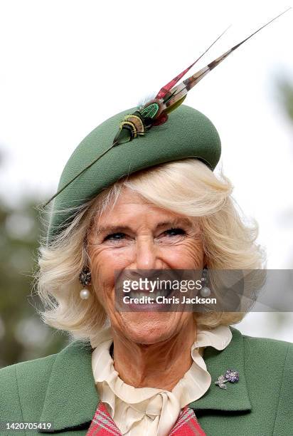 Camilla, Duchess of Cornwall attends the Braemar Highland Gathering at the Princess Royal & Duke of Fife Memorial Park on September 03, 2022 in...
