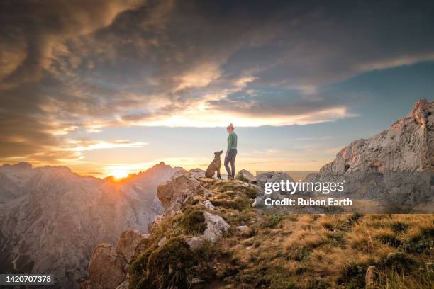 young sportswoman with her dog looking at the mountains of picos de europa at sunset - leon boden stock-fotos und bilder
