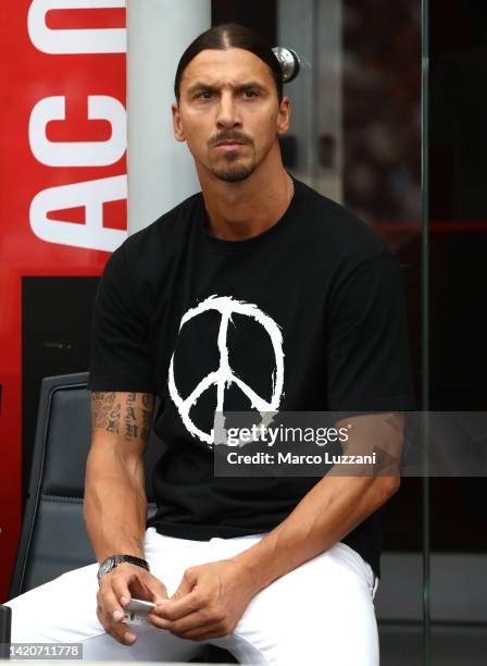 Zlatan Ibrahimovic of AC Milan looks on before the Serie A match between AC Milan and FC Internazionale at Stadio Giuseppe Meazza on September 03,...