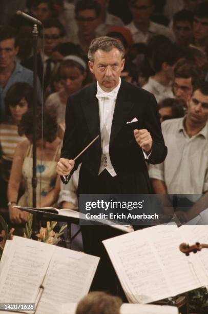 English composer Benjamin Britten conducting, June 1976.